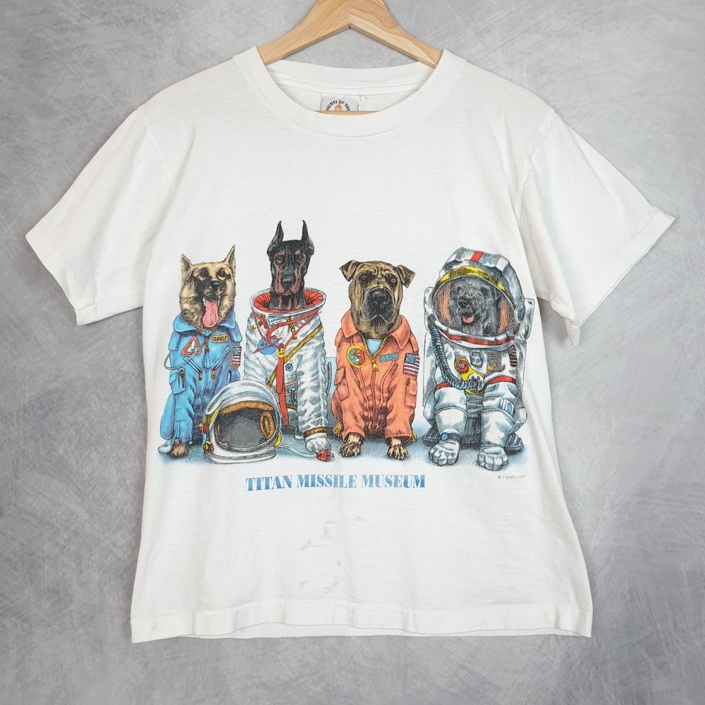 Vintage Dog T Shirt Mens Small White Titan Missile Museum Astronauts Double Side
